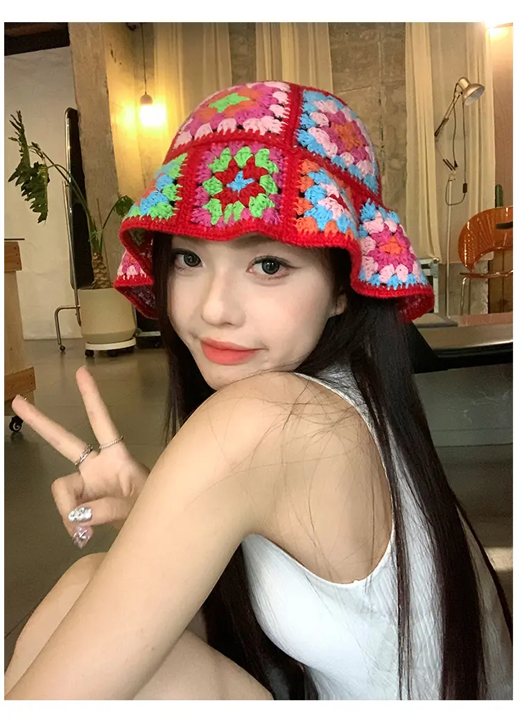 red crochet hat 2024 Fashion Colorful Woolen Hat Women's Autumn and Winter Cute Handmade Plush Hat Knitted Fisherman Bucket Hats