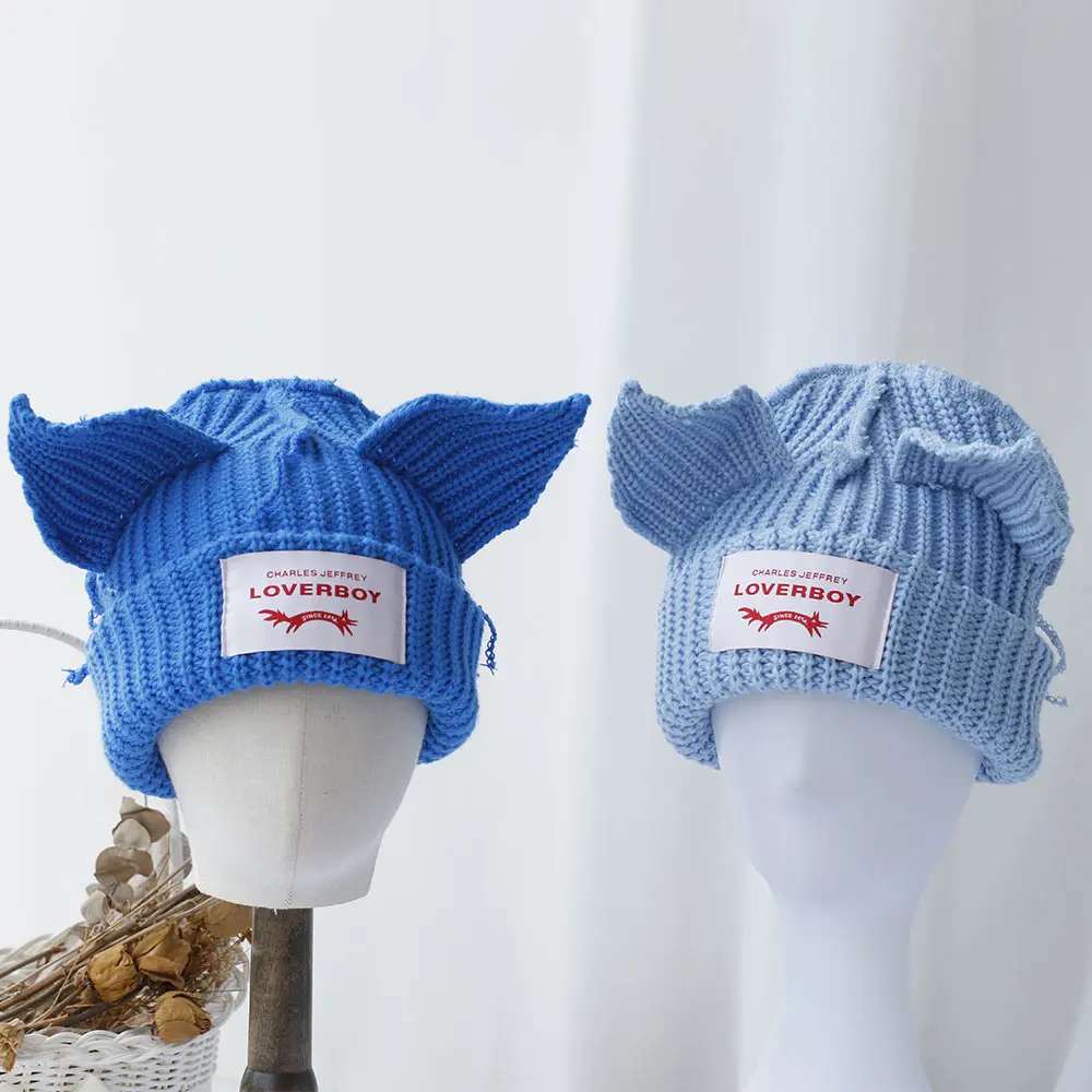 2024 fashion Lover boy Cat Ear Knit Hat solid Warm Pig Ear Woolen Hat Cute Hooded Cap Niche Design Hip-hop Christmas Gift
