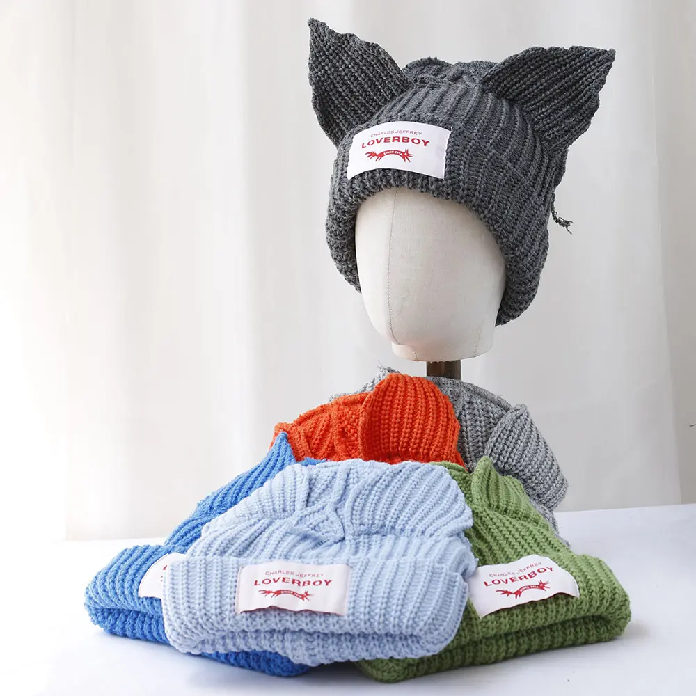 2024 fashion Lover boy Cat Ear Knit Hat solid Warm Pig Ear Woolen Hat Cute Hooded Cap Niche Design Hip-hop Christmas Gift