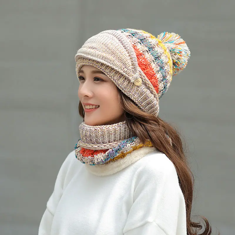 2020 Hat winter women's Mask balaclava Hat for girls Scarf Thick Warm Fleece Inside Knitted Hat Scarf Set 3pcs Winter Hats