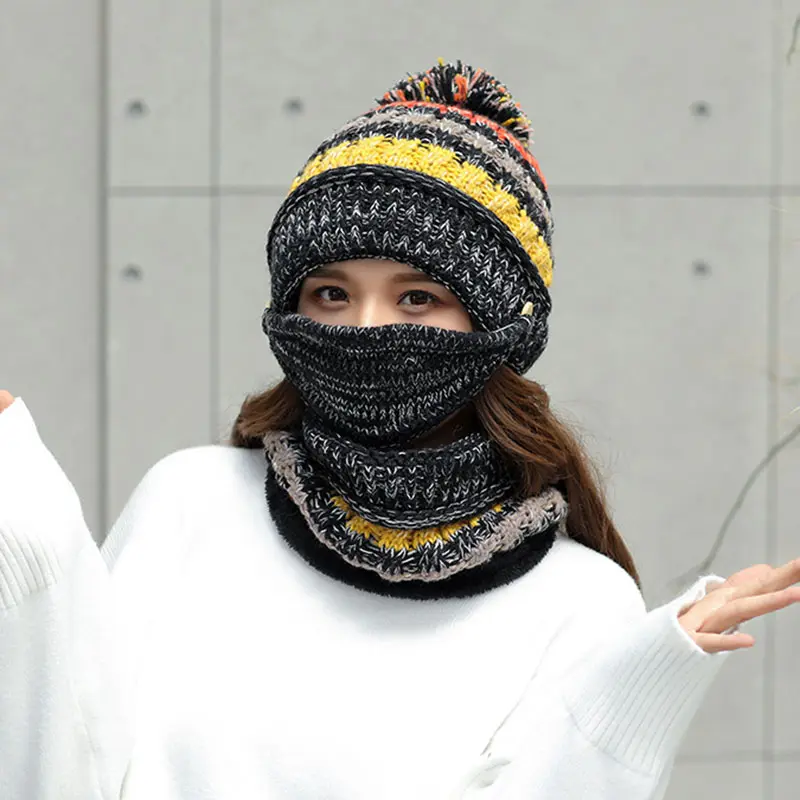 2020 Hat winter women's Mask balaclava Hat for girls Scarf Thick Warm Fleece Inside Knitted Hat Scarf Set 3pcs Winter Hats