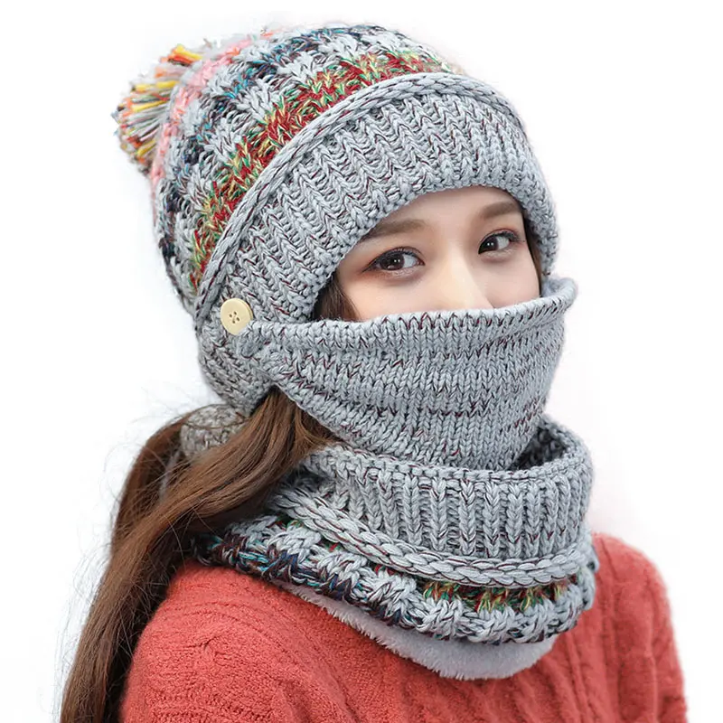 2020 Hat winter women's Mask balaclava Hat for girls Scarf Thick Warm Fleece Inside Knitted Hat Scarf Set 3pcs Winter Hats