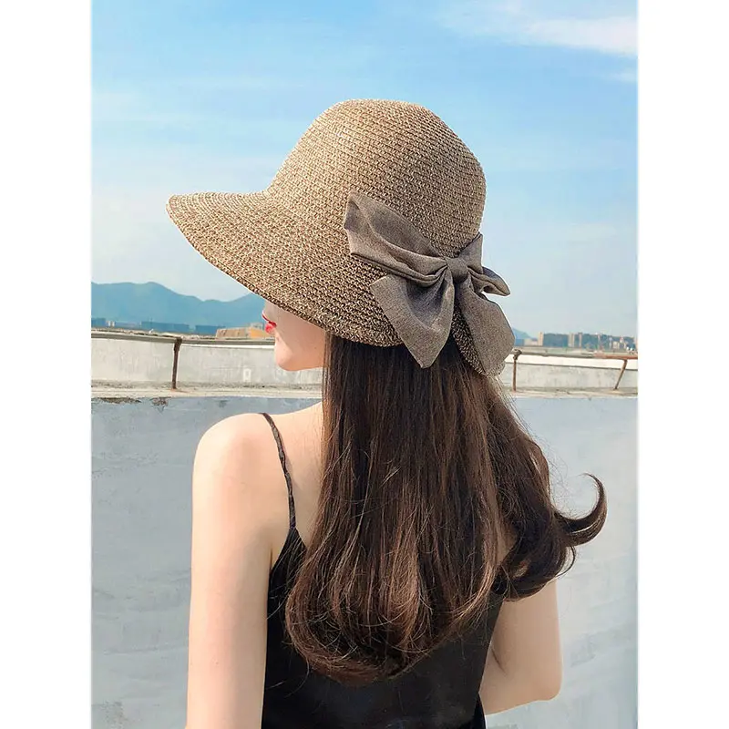 2021 NEW Women's Sun Hat Big Bow Wide Brim Floppy Summer Hats For Women Beach Panama Straw hat Sun Protection Visor Femme Cap