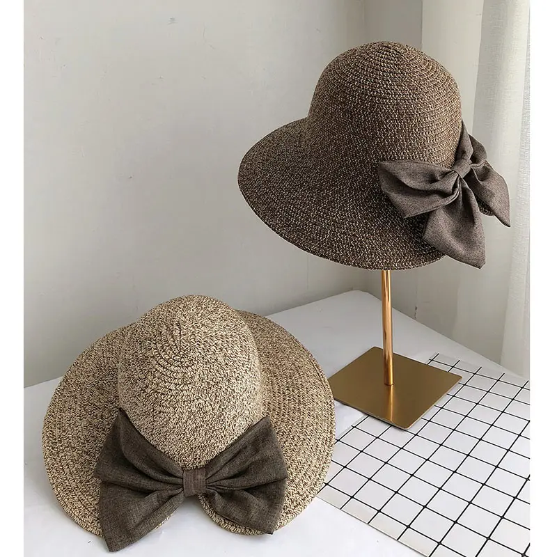 2021 NEW Women's Sun Hat Big Bow Wide Brim Floppy Summer Hats For Women Beach Panama Straw hat Sun Protection Visor Femme Cap