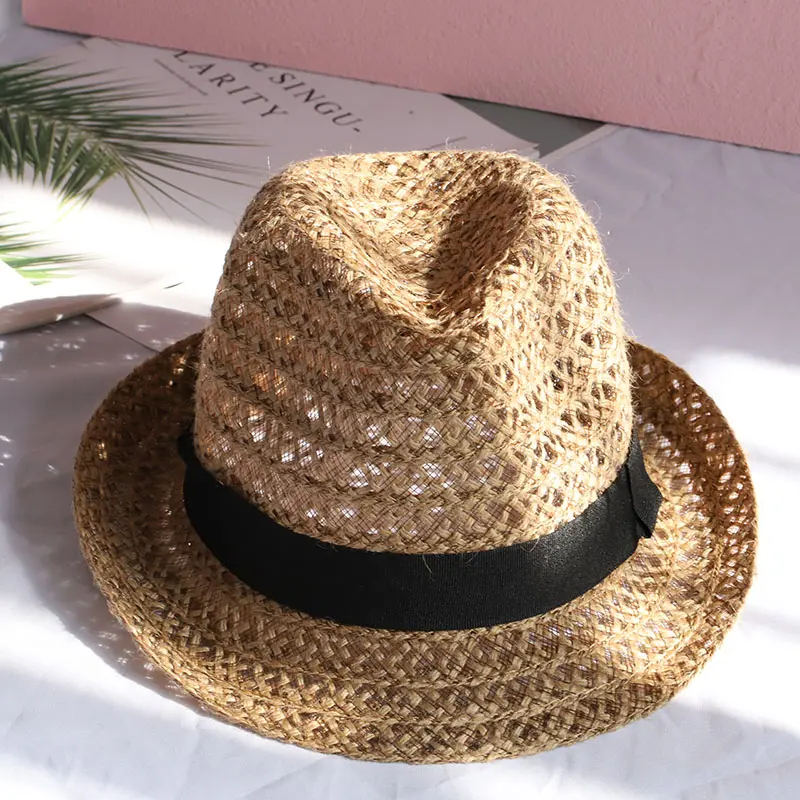Natural Panama Soft Shaped Straw Hat Summer Women sun hats Men Beach Sun Cap UV Protection straw Felt hat grass color RAFFIA cap