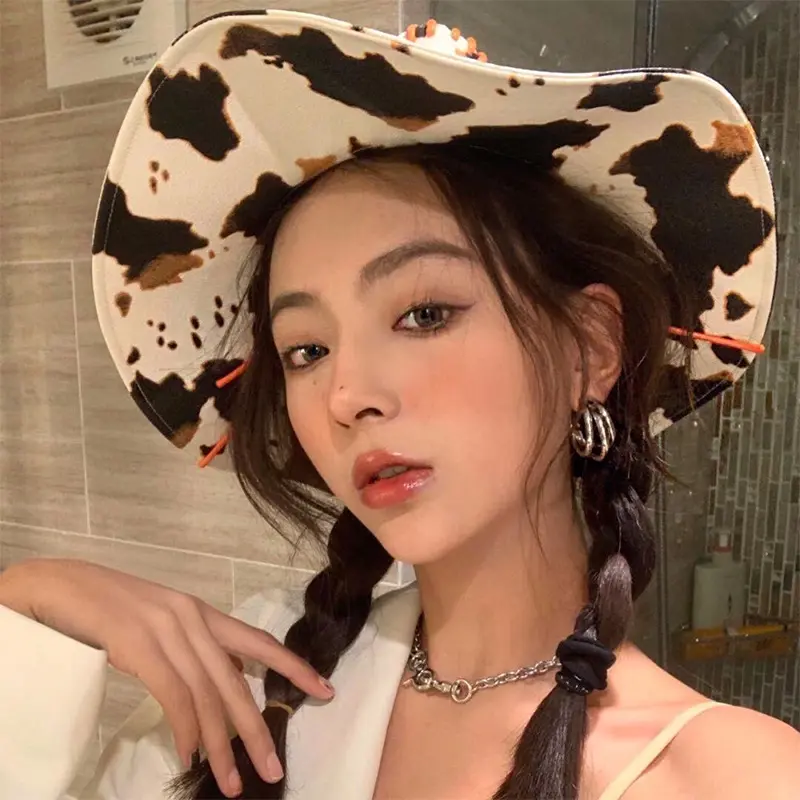 2021New Autumn winter Hot girl's hats Western Style Tiara Cowgirl Hat for Women fedoras leather pink cowboy hats Cow pattern Cap