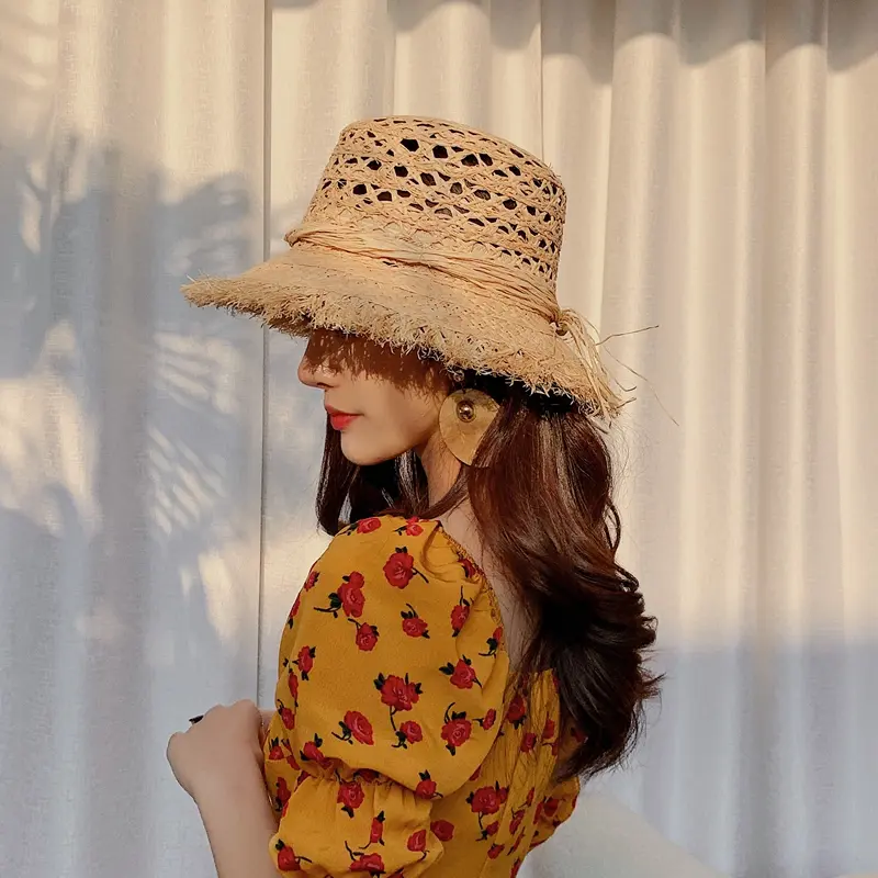 2021 New Summer Raffia Straw hat Hollow Out Retro Beach Fisherman Hat Basin Hat Fashion Straw Hat Fashion Tassel Woman Hat cap