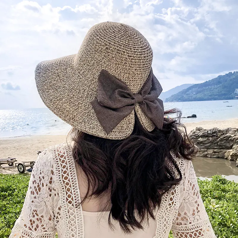 2021 NEW Women's Sun Hat Big Bow Wide Brim Floppy Summer Hats For Women Beach Panama Straw hat Sun Protection Visor Femme Cap