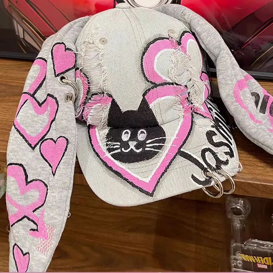2024 Y2K new Hot Girl Jeans Long Rabbit Ears Cowboy Baseball Hat Wash Graffiti Hip Hop Cap Women Men Party Team Baseball Cap