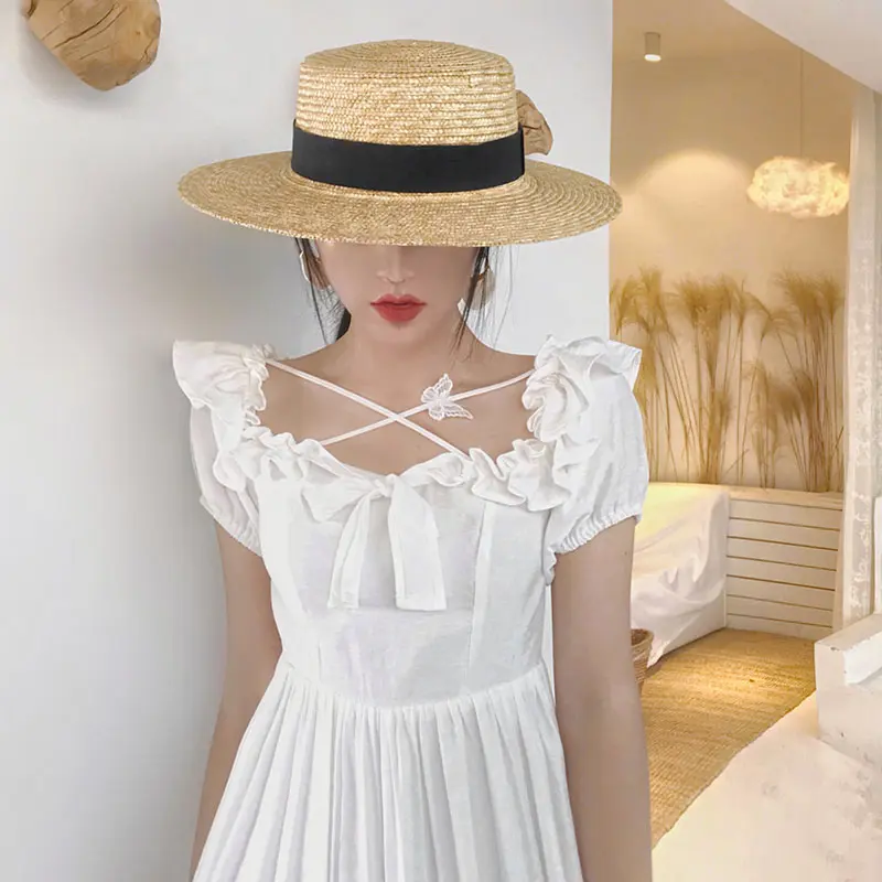 Summer Female Natural Stiff Wheat Straw Boater Fedora Top Flat Hat Women Beach  Brim Cap RAFFIA Sun Hat for Women Jazz Panama