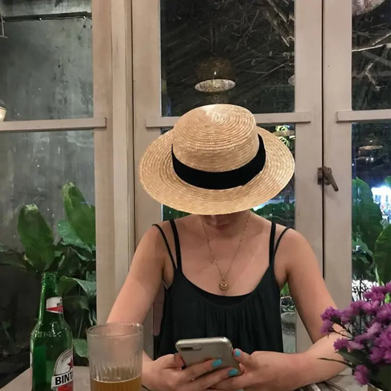 Summer Female Natural Stiff Wheat Straw Boater Fedora Top Flat Hat Women Beach  Brim Cap RAFFIA Sun Hat for Women Jazz Panama