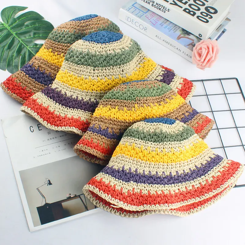 2020 summer Women's bucket hat Straw made rainbow Crochet foldable parent-child Panama hat children female beach sun visor Cap