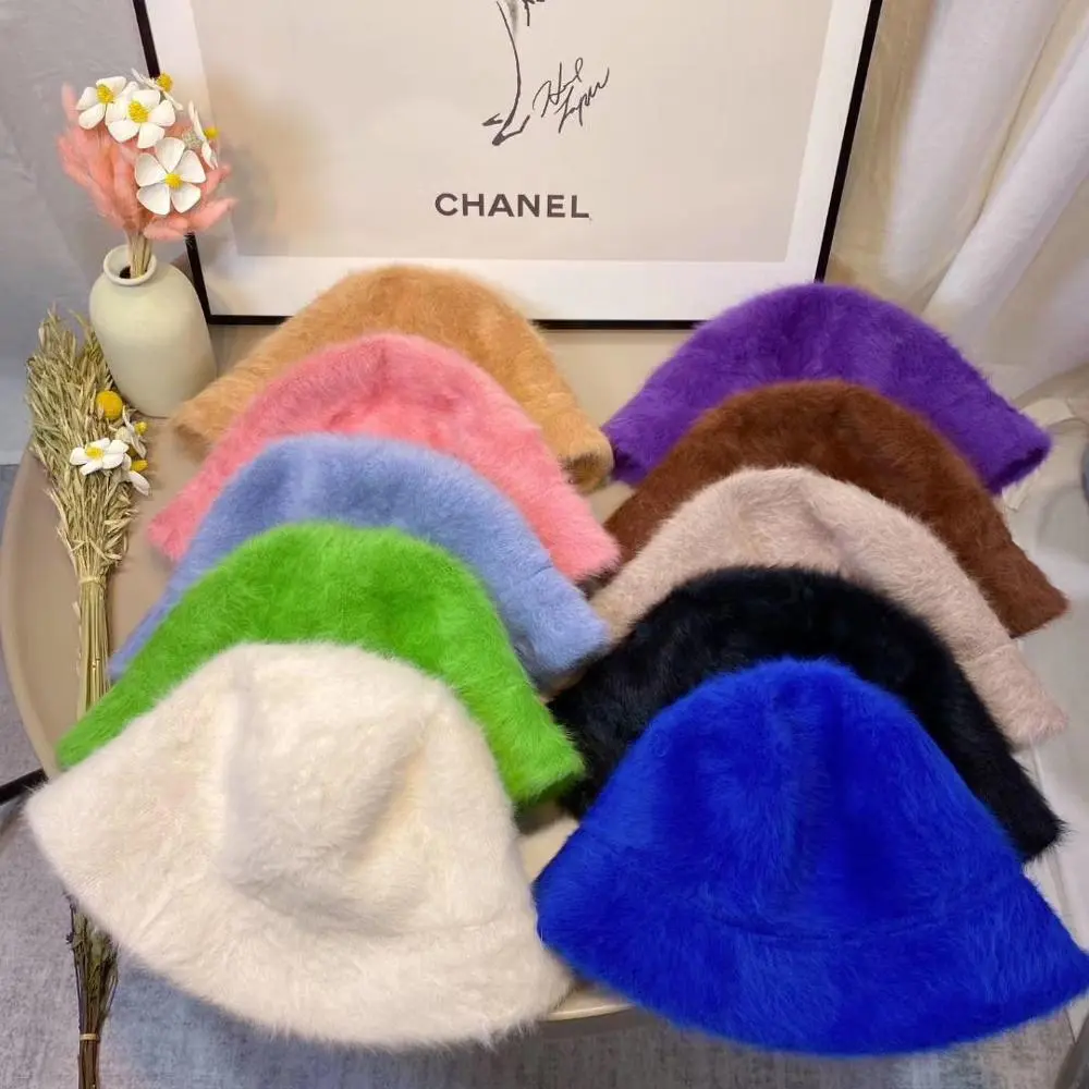 2020 Hat winter women's fashion Solid color rabbit fur hat bucket cap fisherman's hat retro knitted wool Panama Beanie Hats