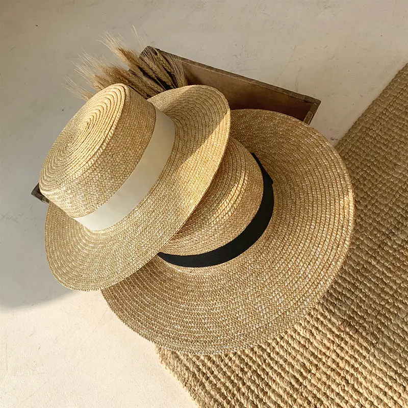 Summer Female Natural Stiff Wheat Straw Boater Fedora Top Flat Hat Women Beach  Brim Cap RAFFIA Sun Hat for Women Jazz Panama