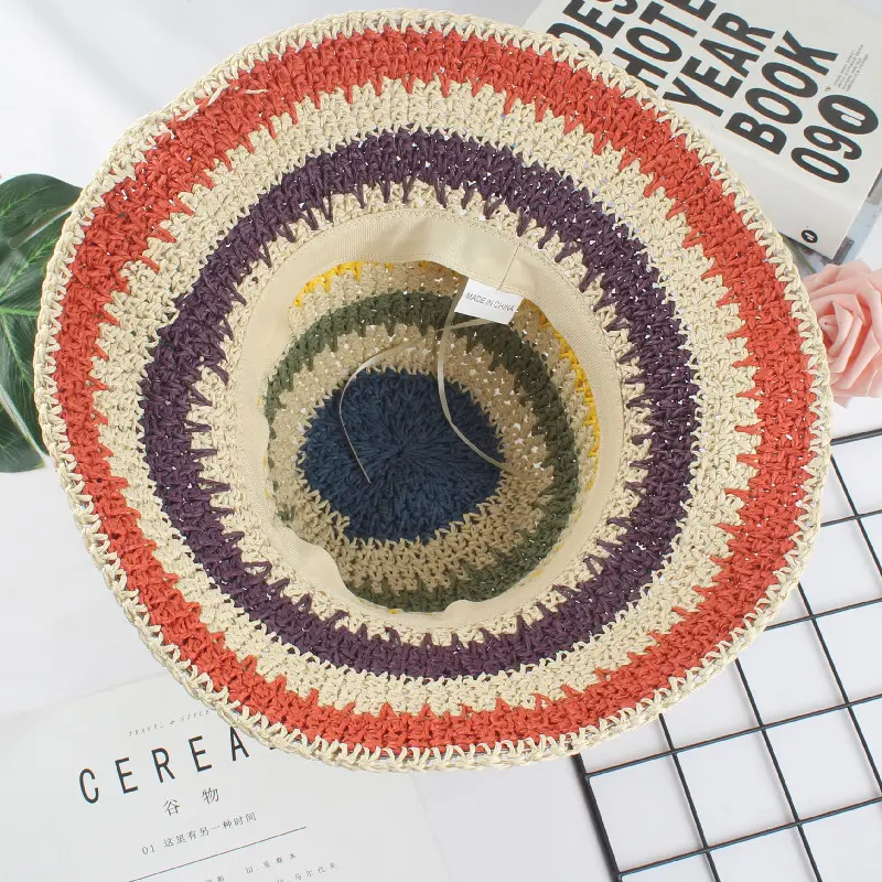 2020 summer Women's bucket hat Straw made rainbow Crochet foldable parent-child Panama hat children female beach sun visor Cap