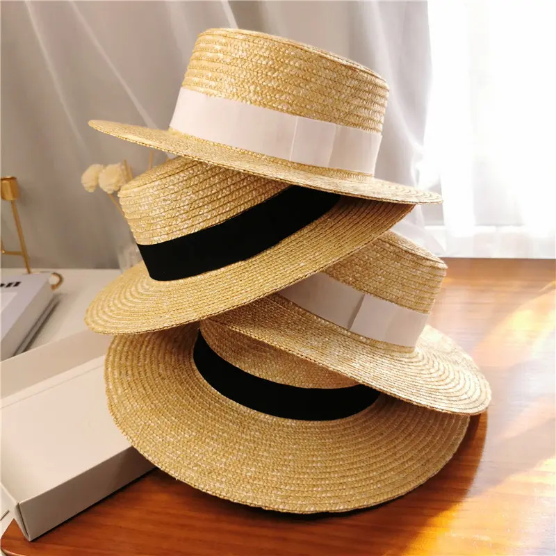 Summer Female Natural Stiff Wheat Straw Boater Fedora Top Flat Hat Women Beach  Brim Cap RAFFIA Sun Hat for Women Jazz Panama