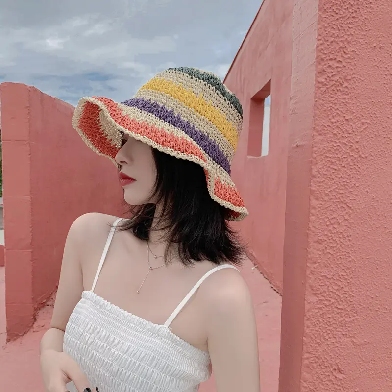 2020 summer Women's bucket hat Straw made rainbow Crochet foldable parent-child Panama hat children female beach sun visor Cap