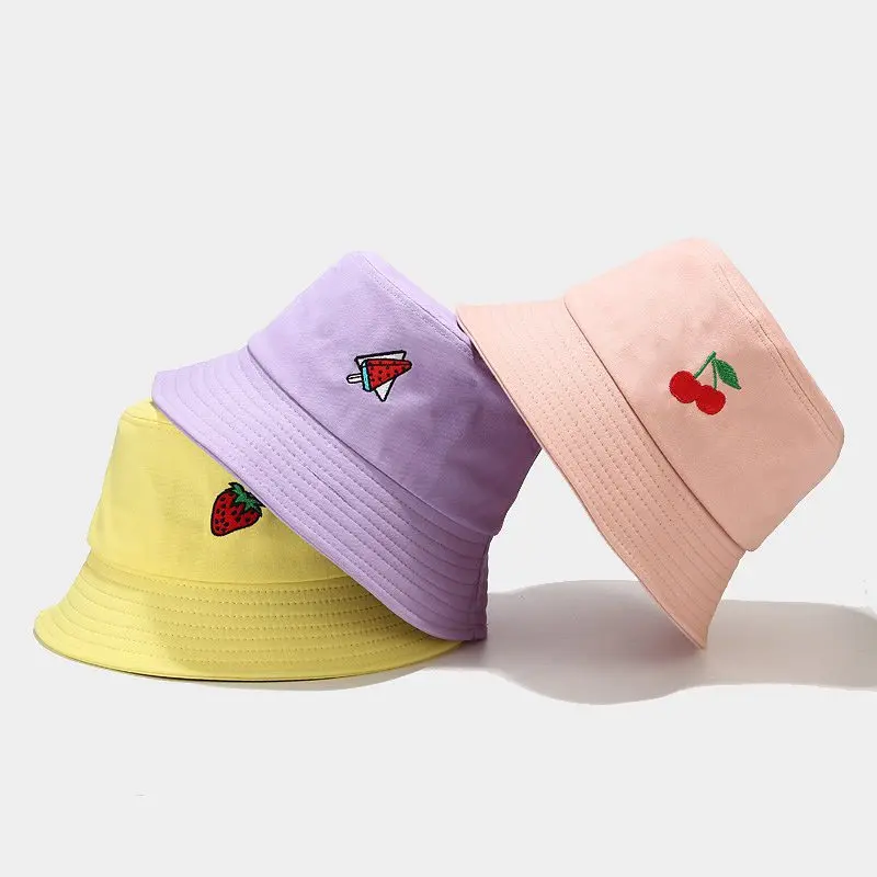 Cute strawberry embroidery letters girl fisherman hat Women foldable creative outdoor fashion basin cap bucket sun hat beanies