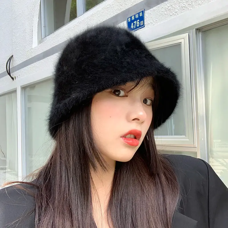 2023 new Hat winter women's fashion Solid color rabbit fur hat bucket cap  fisherman's hat  knitted wool basin Bucket Hat