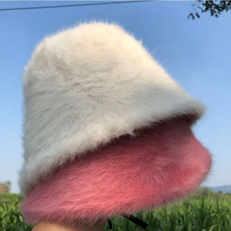 2023 new Hat winter women's fashion Solid color rabbit fur hat bucket cap  fisherman's hat  knitted wool basin Bucket Hat