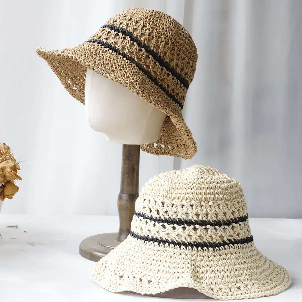 2024 Womens Straw Hats crochet hat bucket hat UV Protection Sun Visor stripe Fisherman's Visors Ladies hat Women Summer hat Cap