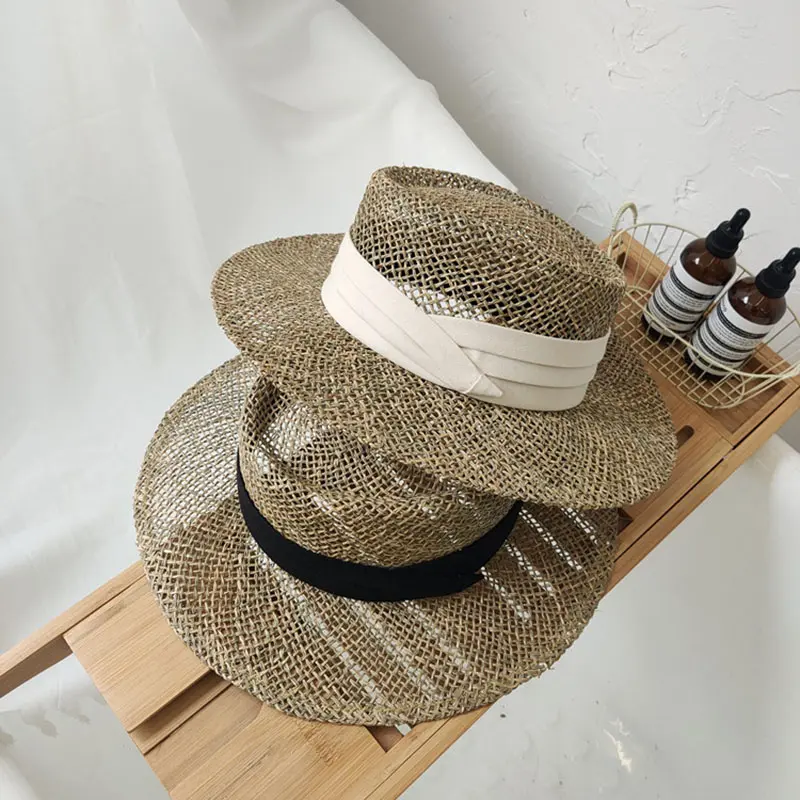 2021 New Handmade Straw Beach Hat For Women Summer hat Panama Cap Fashion Concave Flat Sun Protection Visor Hats Wholesale