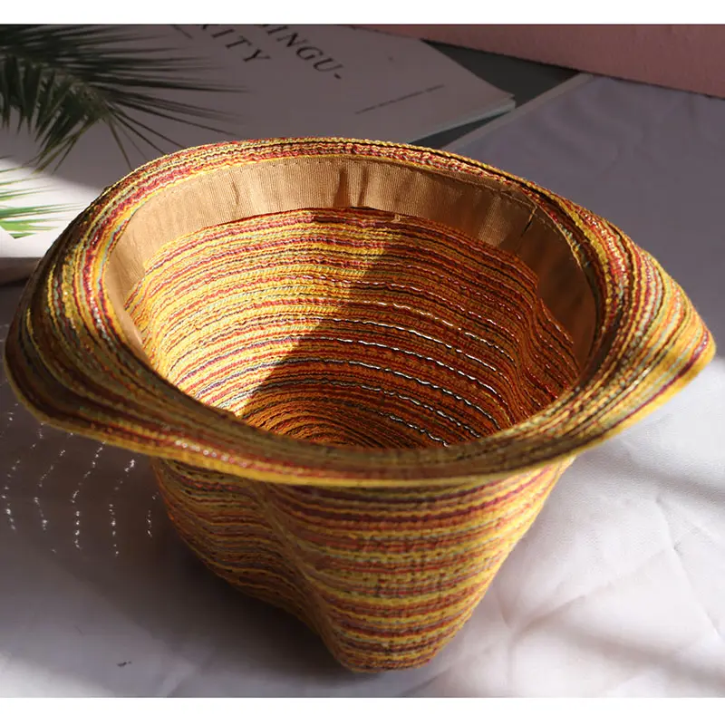 New Natural Panama Soft Shaped Straw Hat Summer Women sun hats Men Beach Sun Cap UV Protection straw Felt hat rainbow RAFFIA cap