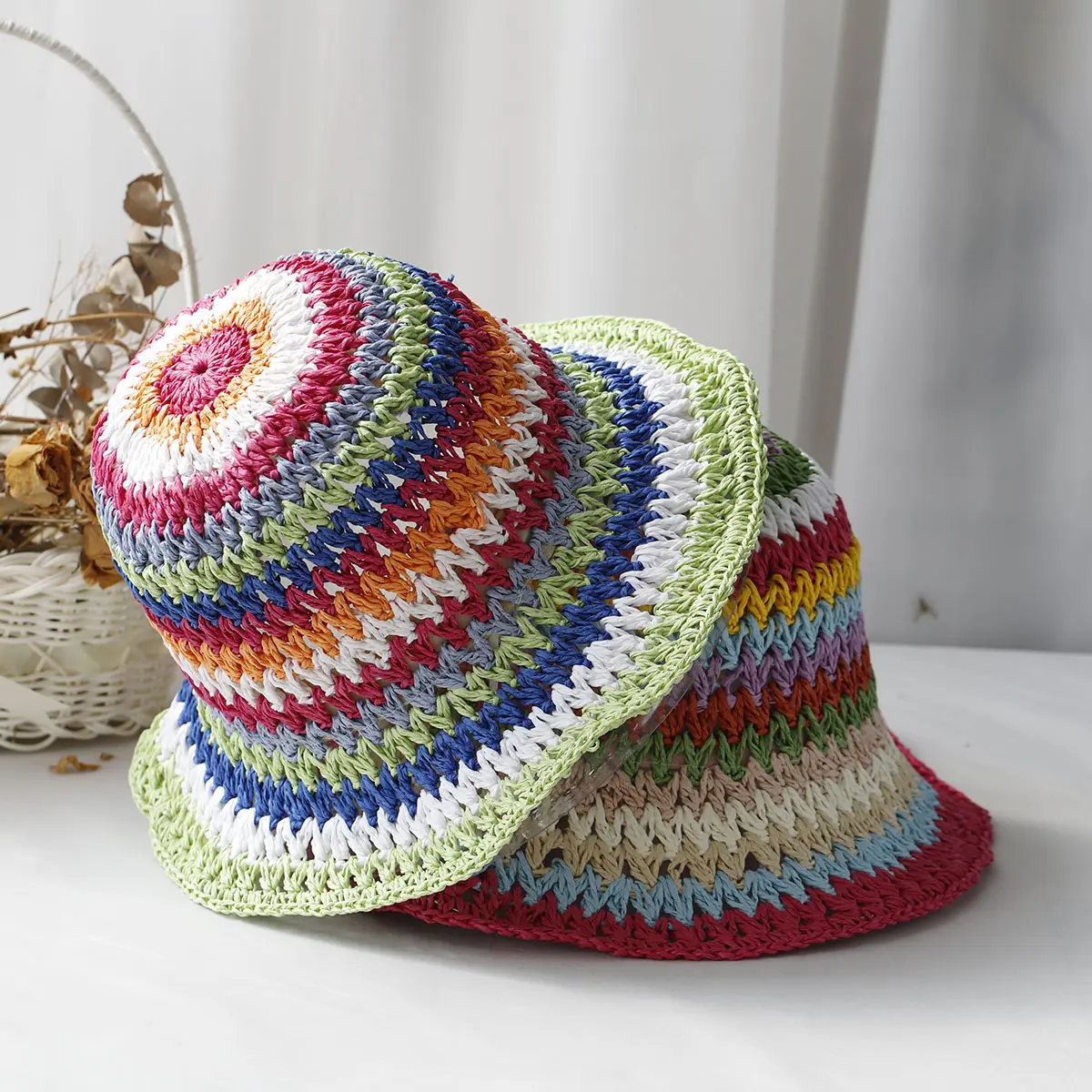 Fisherman's Womens Straw Hats crochet hat bucket hat UV Protection Sun Visor beach hat Women Visors rainbow Women Summer hat Cap
