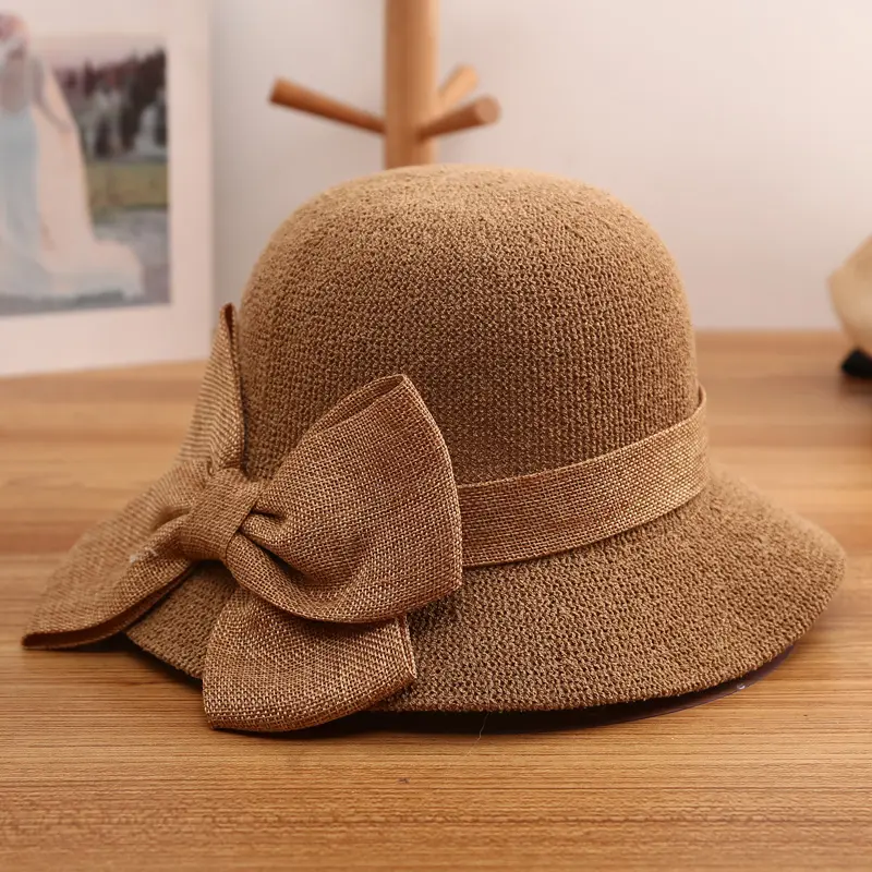 2021 fashion summer Women's bucket hat Straw made Bow hand-made straw hat foldable parent-child Panama hat children beach sun vi