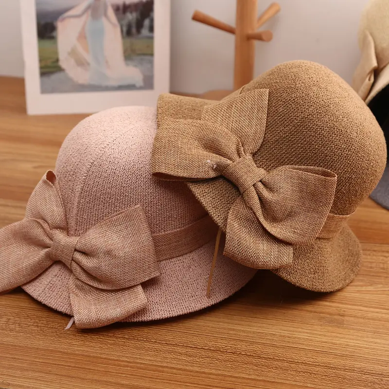 2021 fashion summer Women's bucket hat Straw made Bow hand-made straw hat foldable parent-child Panama hat children beach sun vi