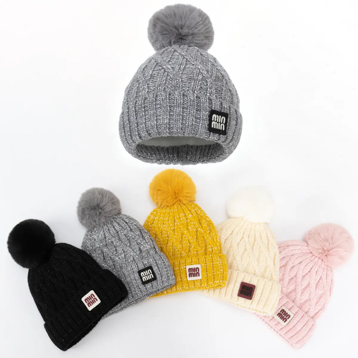New Winter Twist Knitting Hat For Women Fur Pompom Thick Plush Cap Beanie Solid Color Ladies Warm Ski Snow Skullies Beanies