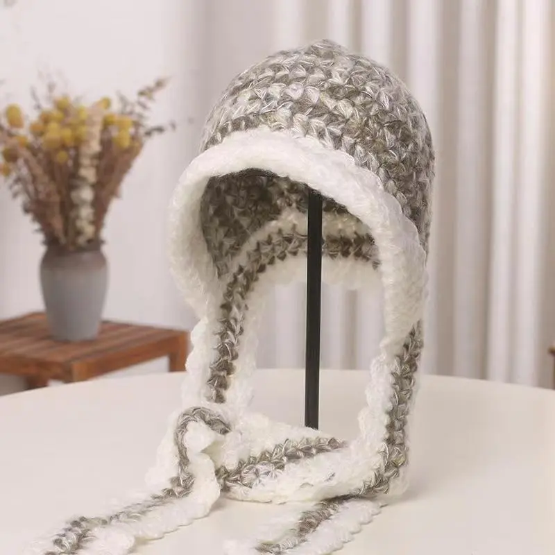 celebrity contrasting color winter design cute Korean version woolen hat sweet hat women's handmade warm knitted ear protection