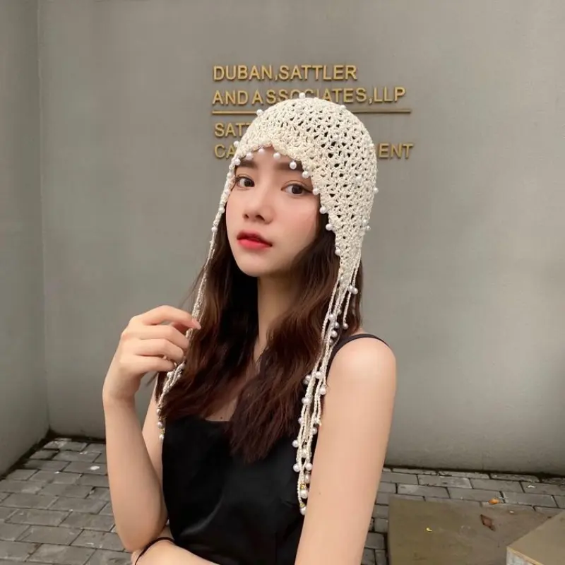 High Quality Women Hat All Seasons Knitted Beanie Hat Lady Crochet Pearl Skullies Beanies Vintage Female Tassels Beanies