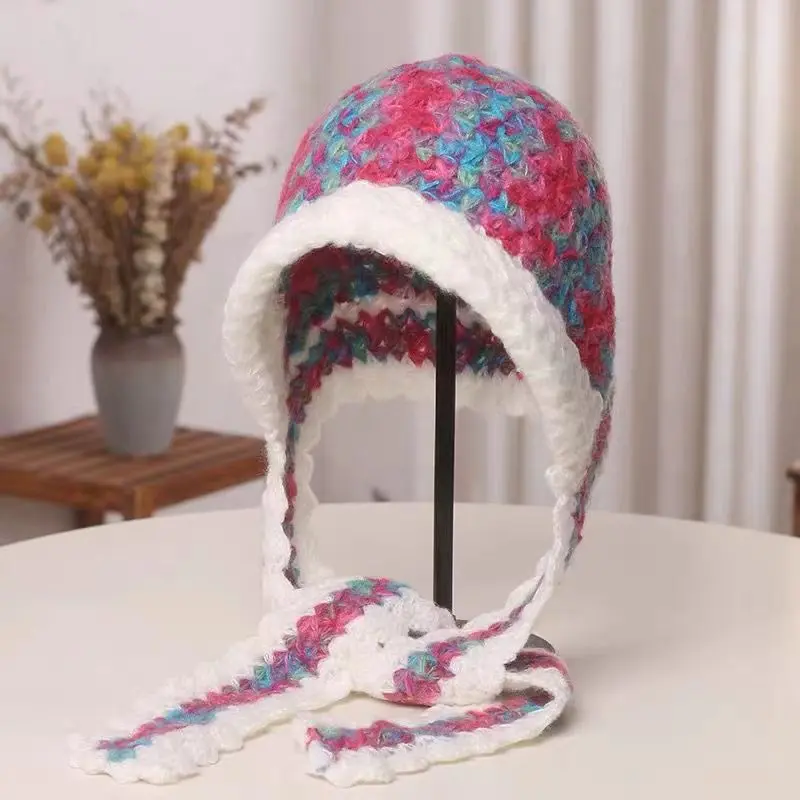 celebrity contrasting color winter design cute Korean version woolen hat sweet hat women's handmade warm knitted ear protection