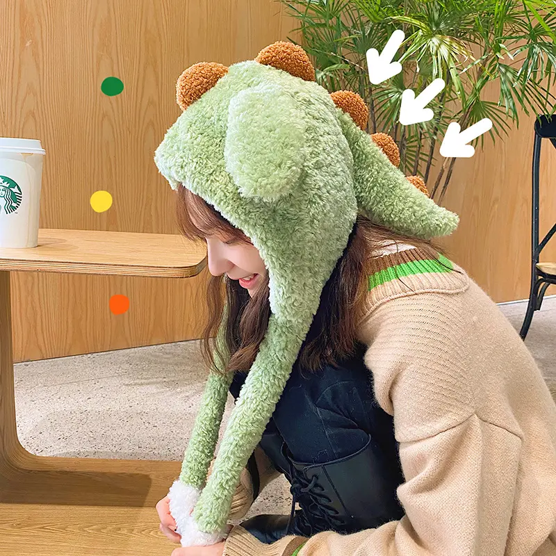 Women Winter Bomber cap Fluffy Plush Hoodie Scarf Hat with Moving Jumping Ears Female Funny Cartoon Dinosaur  Warm Earflap Cap