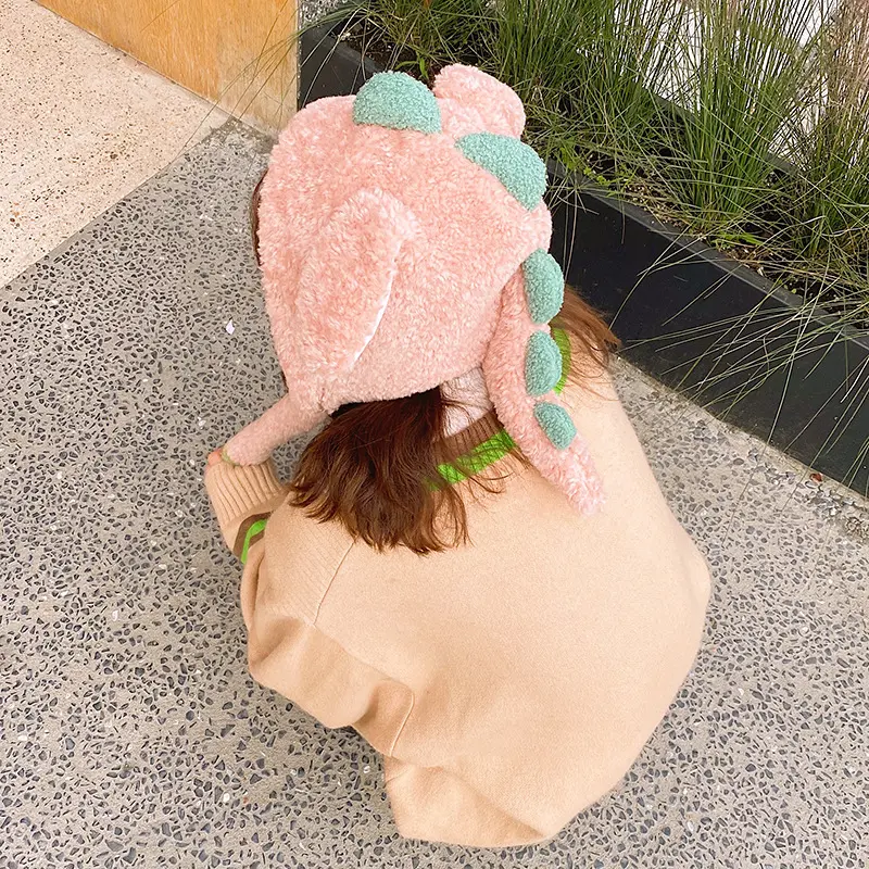 Women Winter Bomber cap Fluffy Plush Hoodie Scarf Hat with Moving Jumping Ears Female Funny Cartoon Dinosaur  Warm Earflap Cap
