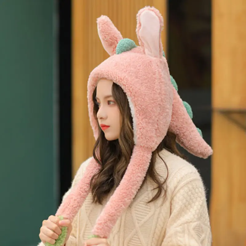 Women Winter Bomber cap Fluffy Plush Hoodie Scarf Hat with Moving Jumping Ears Female Funny Cartoon Dinosaur  Warm Earflap Cap