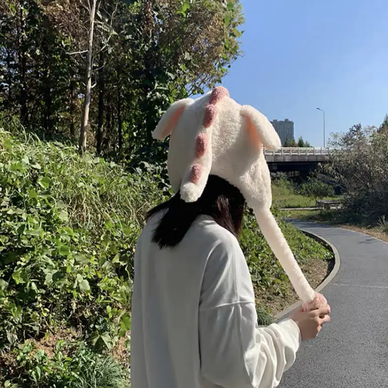 Women Winter Bomber cap Fluffy Plush Hoodie Scarf Hat with Moving Jumping Ears Female Funny Cartoon Dinosaur  Warm Earflap Cap