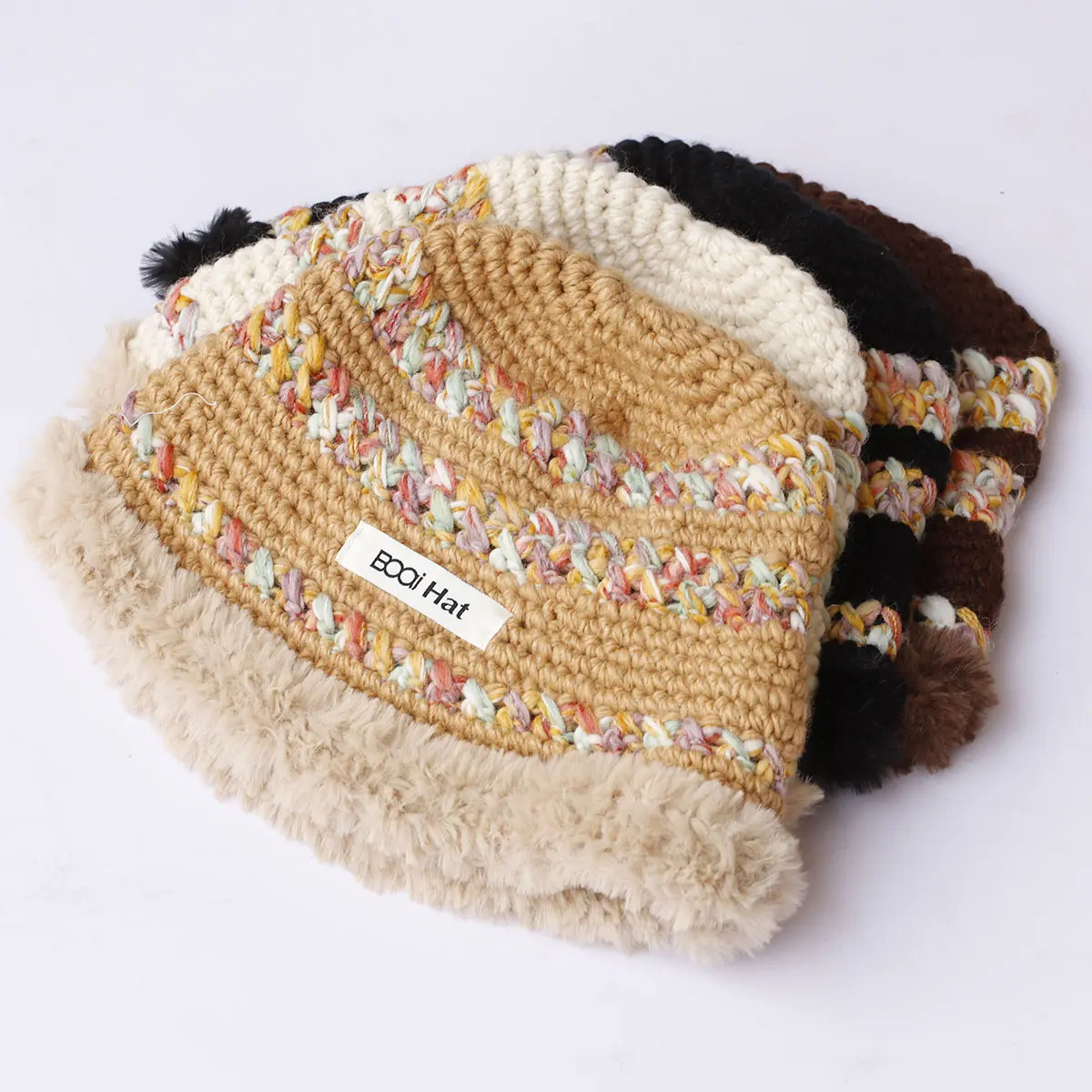 Bold woolen warm hat Fur edge stripe Woolen Hat Women's Autumn and Winter Cute Handmade Plush Hat Knitted Fisherman Bucket Hats