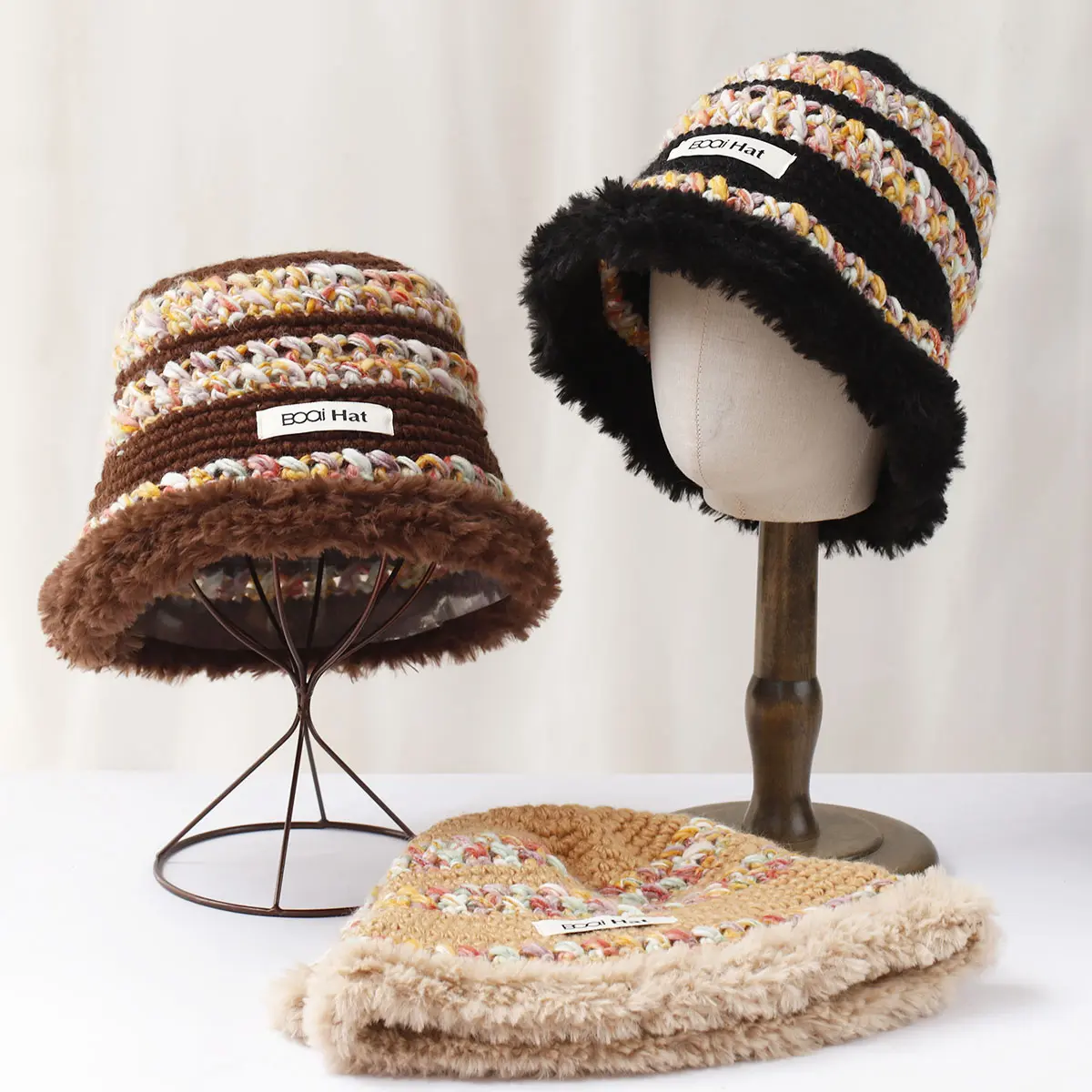 Bold woolen warm hat Fur edge stripe Woolen Hat Women's Autumn and Winter Cute Handmade Plush Hat Knitted Fisherman Bucket Hats