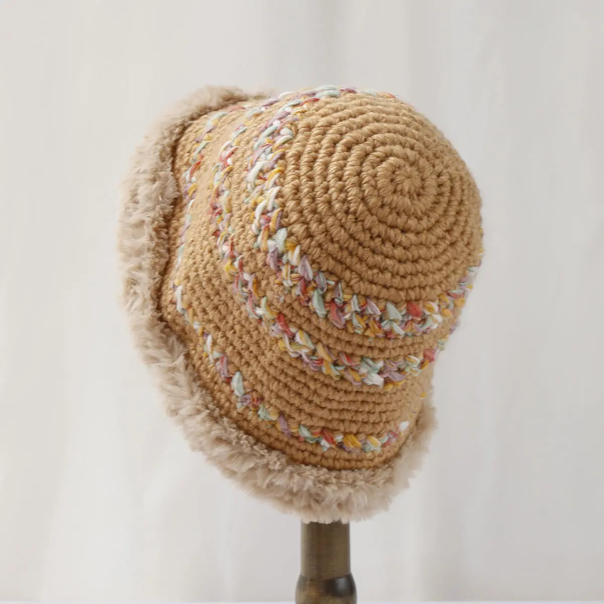 Bold woolen warm hat Fur edge stripe Woolen Hat Women's Autumn and Winter Cute Handmade Plush Hat Knitted Fisherman Bucket Hats