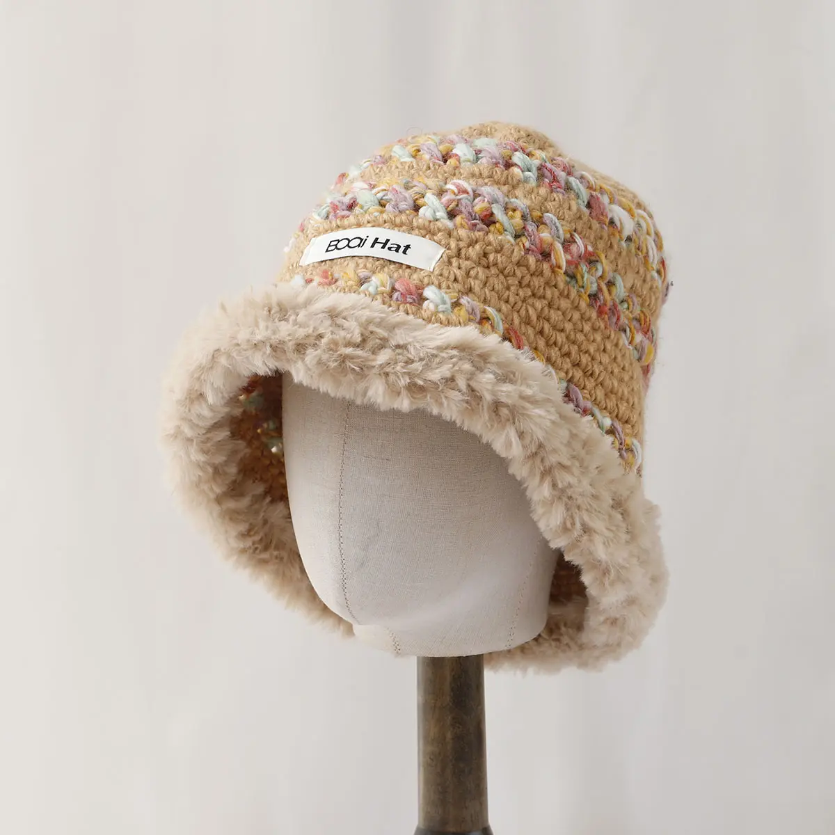 Bold woolen warm hat Fur edge stripe Woolen Hat Women's Autumn and Winter Cute Handmade Plush Hat Knitted Fisherman Bucket Hats