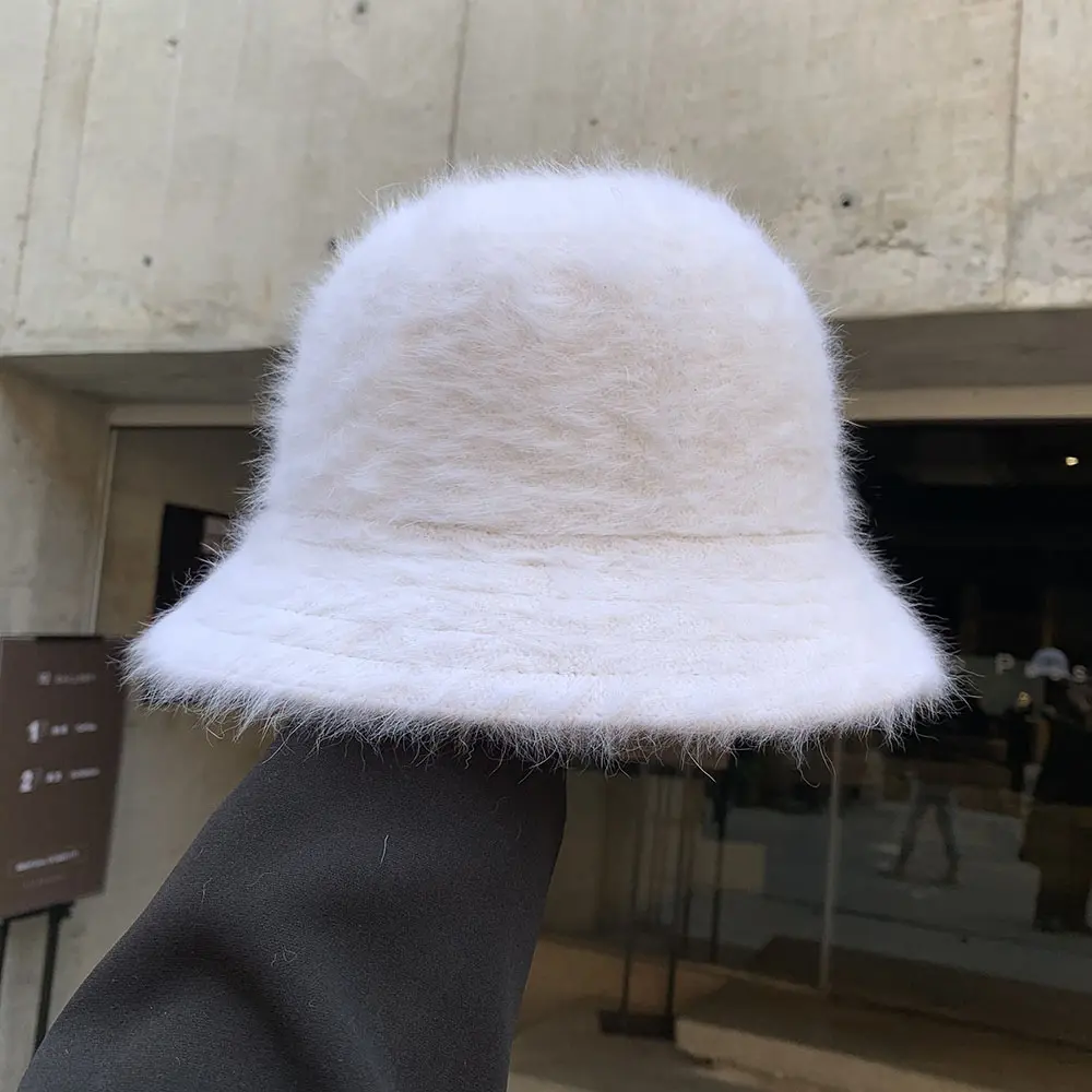 2022 winter women's fashion Solid color rabbit fur hat bucket cap fisherman's hat with cross basin Bucket Hat for free shipping