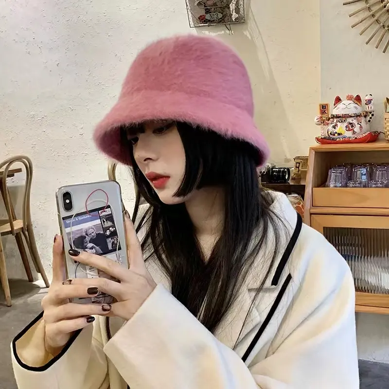 2022 winter women's fashion Solid color rabbit fur hat bucket cap fisherman's hat with cross basin Bucket Hat for free shipping