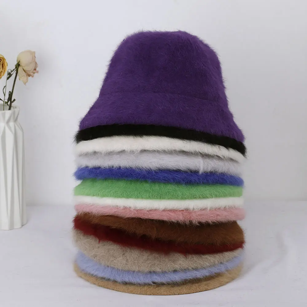 2022 winter women's fashion Solid color rabbit fur hat bucket cap fisherman's hat with cross basin Bucket Hat for free shipping