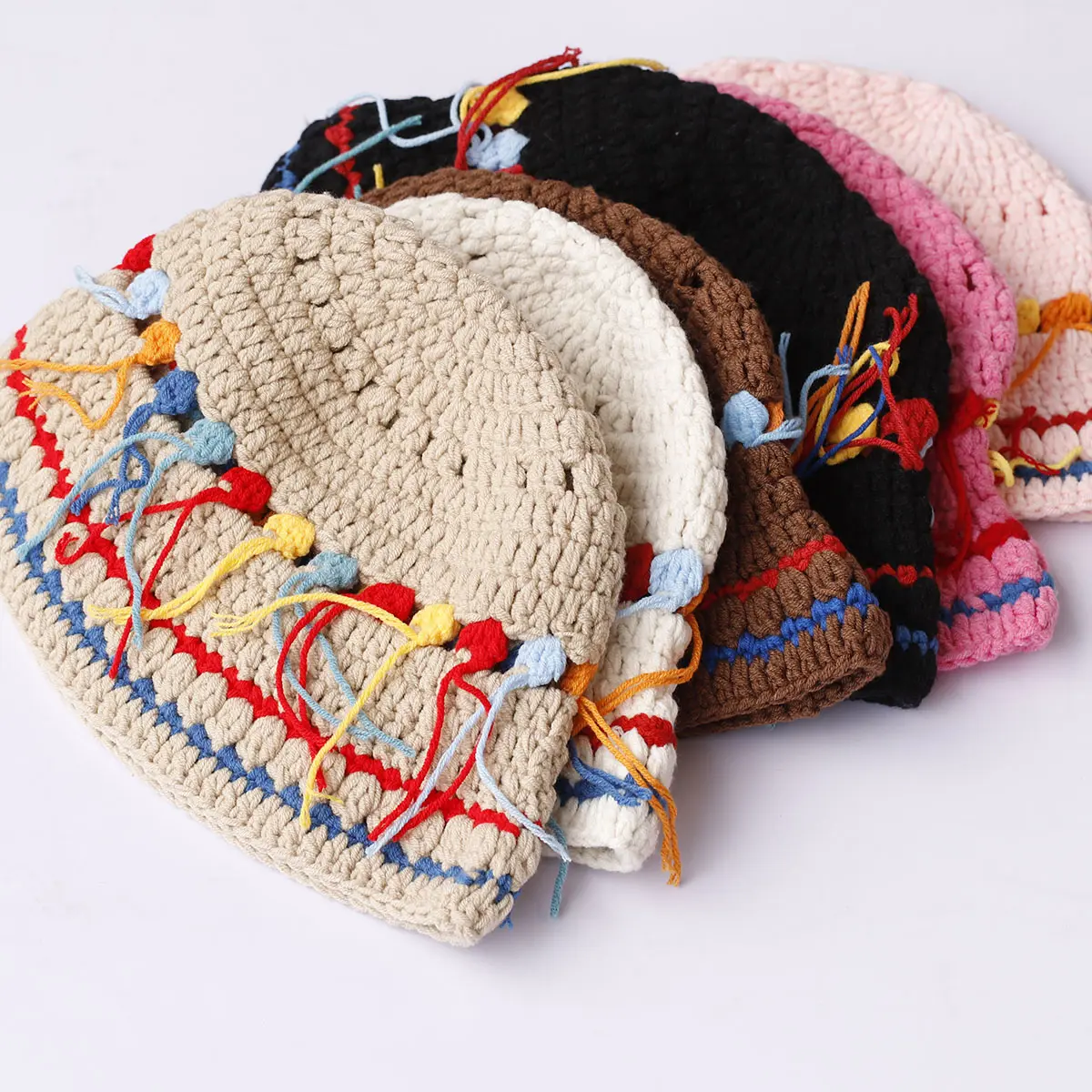 Winter crochet hat warm hat Colorful Woolen Hat Women's Autumn and Winter Handmade tassels Hat Knitted Fisherman Bucket Hats