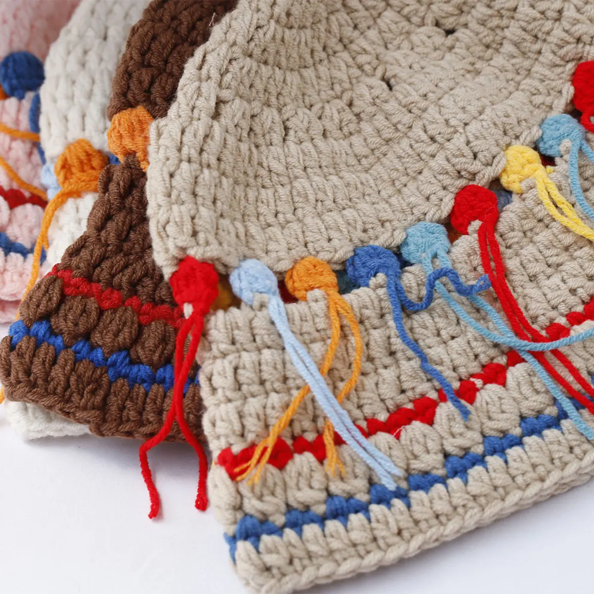 Winter crochet hat warm hat Colorful Woolen Hat Women's Autumn and Winter Handmade tassels Hat Knitted Fisherman Bucket Hats