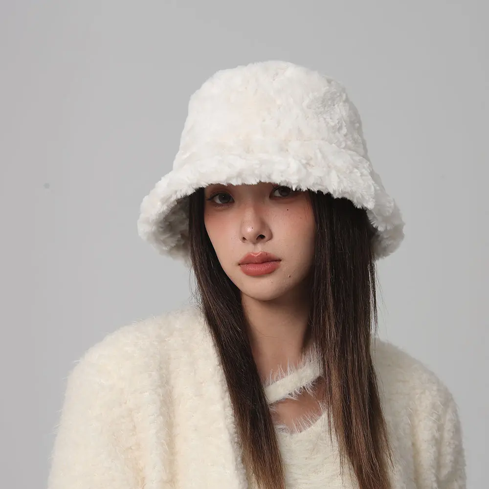 2024 NEW Funny Fashion Autumn Winter Leopard Fur Bucket Hat sheep Ear Ball Plush Fisherman Hat Soft Warm Thick Basin Bucket Hats