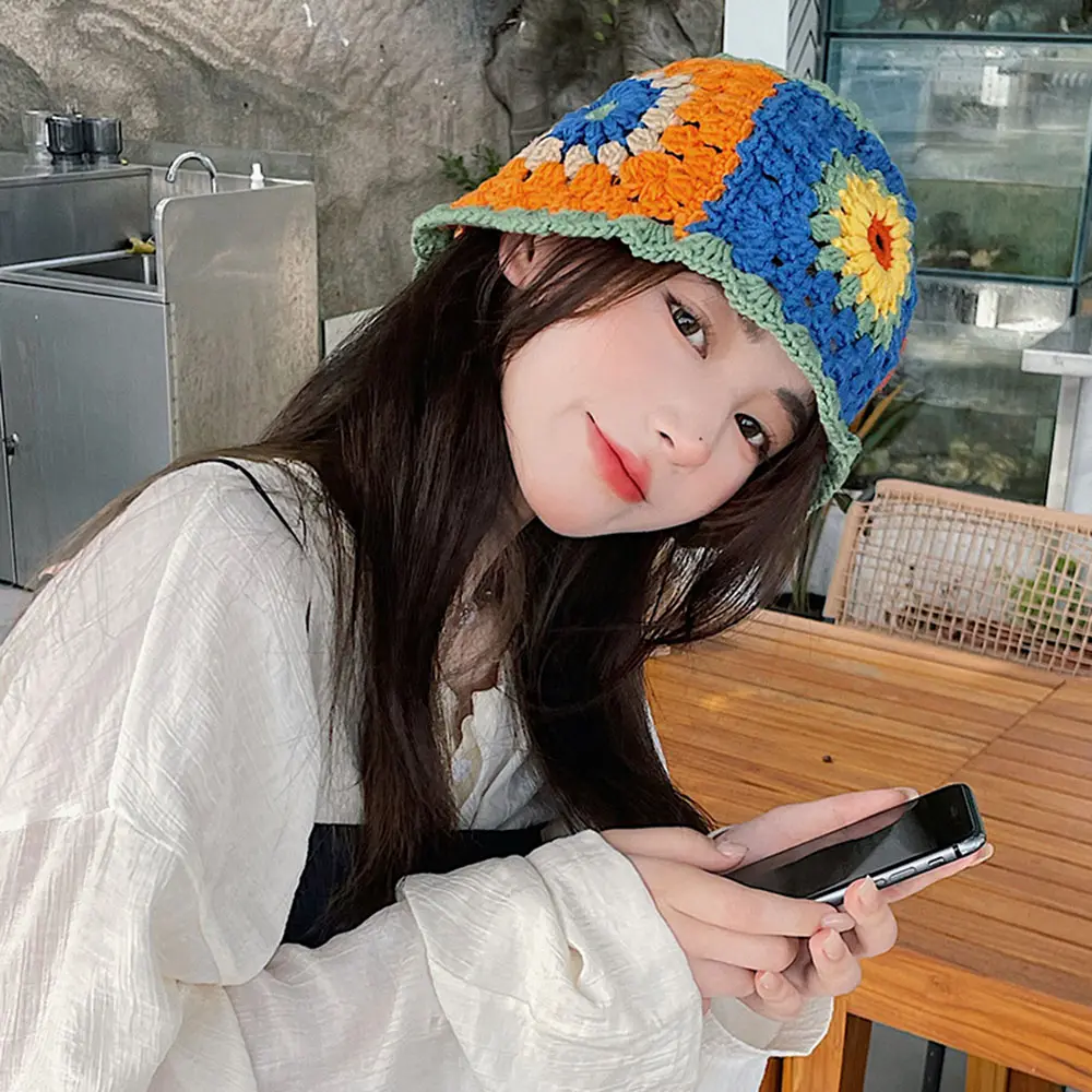 2023 new Patchwork Korean bucket hats for women cap fashion designer Panama bucket Hand-woven Knitted hat crochet for Ladies hat