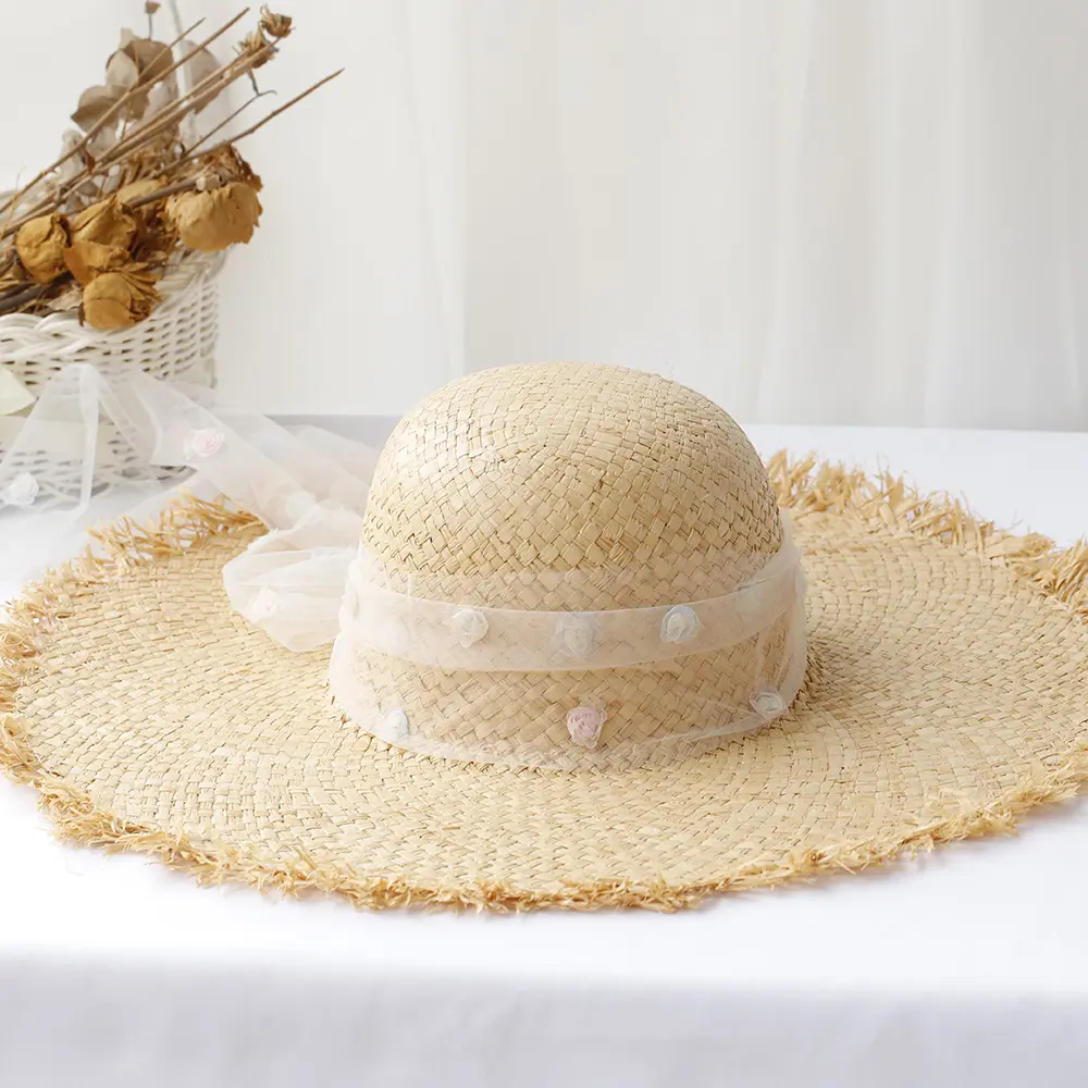 Girl's hat Bow fisherman hat bucket hat bucket hat UV Protection sun hat For Beach Lafite straw hat Vacation handmade straw hat